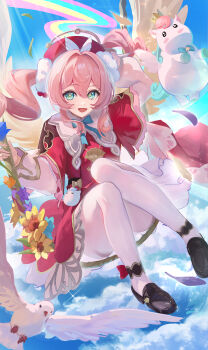 1girl absurdres aqua_bow aqua_bowtie aqua_eyes arm_behind_head bird black_shoes blue_sky bow bowtie capelet cloud commentary_request dress hat highres honkai:_star_rail honkai_(series) hyacine_(honkai:_star_rail) little_ica_(honkai:_star_rail) loafers long_sleeves looking_at_viewer medium_hair on_swing open_mouth otabaaa pantyhose pink_hair rainbow red_capelet red_dress red_hat shoes sky smile solo swing twintails white_pantyhose
