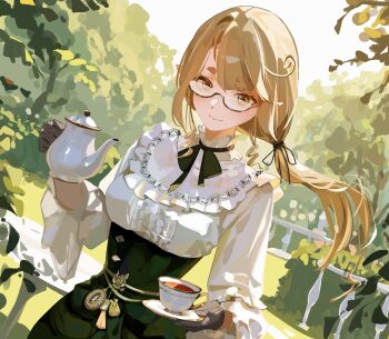 Rule 34 | 1girl, absurdres, black ribbon, blonde hair, closed mouth, cup, glasses, glitch stars, gloves, green skirt, hair ribbon, high-waist skirt, highres, holding, holding saucer, holding teapot, kanna yanagi, long hair, long sleeves, outdoors, ribbon, saucer, semi-rimless eyewear, shirt, short eyebrows, skirt, solo, tea, teacup, teapot, virtual youtuber, white shirt, yoojp
