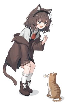 1girl :d absurdres animal animal_ears black_hairband black_skirt black_vest boots border brown_boots brown_coat brown_hair cat cat_ears cat_girl cat_tail coat commentary daisy_(flower) flower frilled_socks frills grey_eyes hairband hand_on_own_knee highres kurioshi_fio_(satou_(3366_s)) leaning_forward long_sleeves looking_at_animal mouth_hold off_shoulder open_clothes open_coat open_mouth original outside_border satou_(3366_s) shirt short_hair skirt smile socks symbol-only_commentary tail textless_version vest white_shirt white_socks