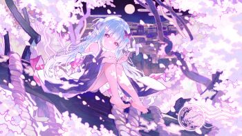 Rule 34 | 1girl, back bow, backlighting, bare legs, bare shoulders, barefoot, black kimono, blunt bangs, bow, butterfly hair ornament, cherry blossoms, chinese commentary, closed mouth, commentary request, dappled moonlight, falling petals, feet, floating hair, full body, full moon, green hair, hair ornament, hair ribbon, highres, hugging own legs, japanese clothes, kimono, knees up, long hair, long sleeves, looking at viewer, moon, moonlight, murasame (senren), night, on branch, outdoors, petals, pinwheel, red bow, red eyes, red ribbon, ribbon, rope, sample watermark, scenery, senren banka, shimenawa, sidelocks, sitting, sitting on branch, smile, soles, solo, toes, tree, two side up, very long hair, watermark, wide sleeves, xianyuzi