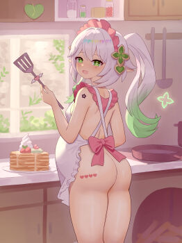 1girl absurdres apron ass big_belly breasts cowboy_shot food frying_pan genshin_impact gradient_hair green_eyes green_hair hair_ornament highres holding holding_spatula indoors looking_at_viewer looking_back multicolored_hair nahida_(genshin_impact) naked_apron nozora_yuzu open_mouth pancake pancake_stack pointy_ears ponytail pregnancy_mark pregnant small_breasts smile solo spatula white_apron white_hair