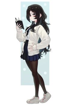 1girl :/ absurdres bilingual_commentary black_eyes black_hair black_necktie black_pantyhose blue_skirt book cardigan closed_mouth collared_shirt commentary commentary_request dress_shirt english_commentary from_side gemi_ningen hair_between_eyes hand_on_own_hip highres holding holding_book korean_commentary long_hair long_sleeves looking_at_viewer mixed-language_commentary necktie open_book open_cardigan open_clothes original pantyhose pleated_skirt raised_eyebrow school_uniform shirt shoes skirt sneakers solo standing very_long_hair white_cardigan white_shirt white_shoes