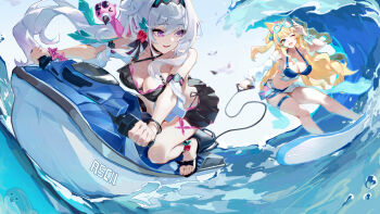 2girls artist_name asc11 bare_shoulders bikini bikini_skirt bird black_bikini blonde_hair blue_bikini breasts cleavage goggles goggles_on_head green_eyes highres honkai_(series) honkai_impact_3rd jet_ski large_breasts long_hair multiple_girls official_alternate_costume open_mouth purple_eyes sacabambaspis sandals seagull songque songque_(summertime_reminiscences) surfboard surfing swimsuit thelema_nutriscu thelema_nutriscu_(roseate_summer) thigh_strap thighs toes very_long_hair water watercraft white_hair