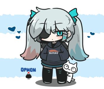 1girl animal black_hoodie black_thighhighs blue_eyes blue_hair blue_ribbon blue_skirt blush cat character_name chibi closed_mouth commentary_request eyepatch full_body grey_hair hair_between_eyes hair_ornament hair_ribbon hands_in_pocket heart highres hood hood_down hoodie long_hair long_sleeves looking_at_viewer multicolored_hair original pink_hair ribbon sea_urchin skirt solo standing thighhighs twintails two-tone_hair uni_souchou very_long_hair white_cat x_hair_ornament