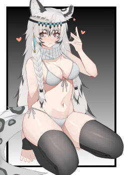 1girl absurdres animal_ear_fluff animal_ears arknights arm_behind_back bikini black_background black_eyes black_hair black_thighhighs blush border braid breasts chinese_commentary cleavage closed_mouth commentary_request full_body gradient_background grey_background grey_bikini grey_hair groin hair_between_eyes hair_tie hand_up head_chain heart highres jewelry kneeling long_hair medium_breasts multicolored_hair muusn navel outside_border pramanix_(arknights) side-tie_bikini_bottom solo stirrup_legwear streaked_hair sweatdrop swimsuit tail thighhighs toeless_legwear toenails toes twin_braids white_border