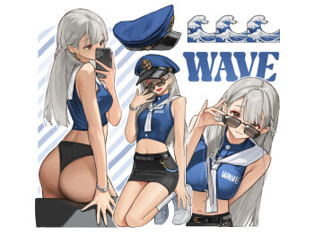 1girl :3 ass belt black_panties bracelet braid crop_top earrings hat highres jewelry kneeling leaning_forward leaning_on_table looking_at_viewer miniskirt mirror_selfie multiple_views original panties pencil_skirt phone police police_hat police_uniform presenting presenting_ass rinotuna school_uniform selfie serafuku simple_background skirt solo sunglasses underwear white_hair