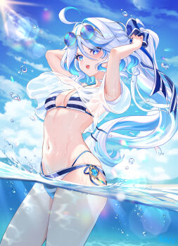 1girl absurdres ahoge air_bubble alternate_costume alternate_hairstyle armpits arms_behind_head bikini blue_eyes blue_gemstone blue_sky blue_streaks breasts bubble cloud cloudy_sky day drop-shaped_pupils eyewear_on_head floating_hair furina_(genshin_impact) gem genshin_impact hair_between_eyes heterochromia highres hydro_symbol_(genshin_impact) lalazyt long_hair looking_to_the_side medium_breasts multicolored_hair navel open_mouth outdoors ponytail round_eyewear see-through_clothes see-through_shirt shirt short_sleeves sky solo standing stomach streaked_hair striped_bikini striped_clothes sunglasses sunlight swimsuit symbol-shaped_pupils very_long_hair vision_(genshin_impact) water wet white_hair