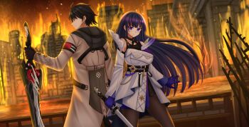 1boy 1girl adam_(honkai_impact) black_dress black_gloves black_hair black_pants breasts brown_jacket brown_pantyhose building burning closed_mouth commentary commission detached_sleeves dress english_commentary fire gloves highres holding holding_sword holding_weapon honkai_(series) honkai_impact_3rd jacket katana kazenokaze long_hair long_sleeves medium_breasts pants pantyhose profile purple_eyes purple_gloves raiden_mei raiden_mei_(apho) ruins sleeves_past_wrists standing sword v-shaped_eyebrows very_long_hair weapon white_dress white_sleeves