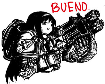 :p adeptus_astartes akemi_homura black_hair bolter crossover heresy highres invader_(artist) mahou_shoujo_madoka_magica multi-melta simple_background solo spanish tongue tongue_out warhammer_40k weapon