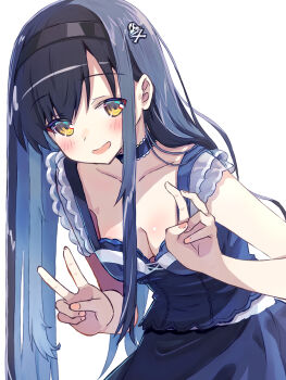 1girl :d akayama_yukihe black_camisole black_choker black_hair black_hairband black_skirt blush bone_hair_ornament breasts camisole choker collarbone commentary cowboy_shot double_v eyes_visible_through_hair fingernails frilled_camisole frilled_choker frills hair_behind_ear hair_between_eyes hair_ornament hair_over_shoulder hairband hands_up happy highres kushima_kamome leaning_forward long_hair looking_at_viewer medium_breasts open_mouth sidelighting sidelocks simple_background skirt skull_and_crossbones skull_hair_ornament smile solo straight_hair summer_pockets v very_long_hair white_background yellow_eyes