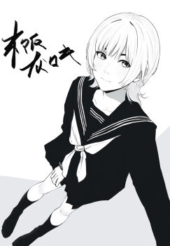 1girl character_request closed_mouth commentary copyright_request gohannanaki greyscale highres kneehighs looking_at_viewer medium_hair monochrome neckerchief pleated_skirt sailor_collar school_uniform selfie serafuku skirt socks solo translation_request