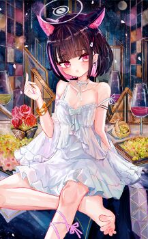 1girl a1u absurdres alternate_costume animal_ears barefoot black_hair blue_archive blush breasts cat_ears cat_girl colored_inner_hair commentary cup dress drinking_glass earrings extra_ears grey_halo hair_ornament hairclip halo hand_up highres jewelry kazusa_(blue_archive) looking_at_viewer md5_mismatch multicolored_hair open_mouth pink_hair short_dress short_hair sitting small_breasts solo strap_slip toes white_dress wine_glass