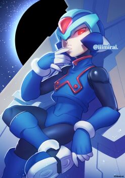 1boy android armor bad_id bad_pixiv_id copy_x_(mega_man) glowing glowing_eyes hand_up helmet iiimirai male_focus mega_man_(series) mega_man_zero_(series) parted_lips red_eyes solo twitter_username