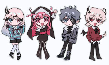 Rule 34 | 2boys, 2girls, :3, :d, arm up, belt, black boots, black bow, black bowtie, black dress, black horns, black pants, black shoes, black skirt, black sweater, black veil, black wings, blue eyes, blue hair, book, boots, bow, bow legwear, bowtie, braid, braided sidelocks, brother and sister, chibi, chibi only, cleavage cutout, clenched hands, closed mouth, clothing cutout, collared shirt, commentary request, cross, crossed arms, demon boy, demon girl, demon horns, demon wings, dot mouth, double-parted bangs, dress, expressionless, eyepatch, family, father and daughter, father and son, friday night funkin', frown, fur-trimmed jacket, fur trim, garter straps, gradient hair, grey eyes, grey hair, grey jacket, hair between eyes, hair bow, hair ornament, hand in pocket, hand up, heterochromia, high heel boots, high heels, holding, holding book, hood, hood down, hooded jacket, horns, humanization, jacket, jitome, knee boots, knees together feet apart, kokococo924, lace-up boots, long hair, long sleeves, looking at viewer, low ponytail, mary janes, middle finger, miniskirt, mother and daughter, mother and son, multicolored hair, multiple boys, multiple girls, nun, one eye covered, open clothes, open jacket, open mouth, outstretched arm, pants, pink belt, pink eyes, pink hair, pink veil, pleated skirt, ponytail, puffy long sleeves, puffy sleeves, rasazy (friday night funkin'), red eyes, red sweater, ruvyzvat (friday night funkin'), sarvente (friday night funkin'), selever (friday night funkin'), shirt, shoes, short dress, short hair, short ponytail, siblings, simple background, skirt, smile, standing, sweater, thigh boots, thighhighs, turtleneck, turtleneck sweater, two-sided veil, two-tone hair, veil, very short hair, white background, white thighhighs, wings, x hair ornament, zettai ryouiki