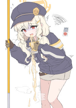 1girl absurdres aoba_(blue_archive) blonde_hair blue_archive gloves halo hat highres jacket long_sleeves mizusaki_(kn27) open_mouth red_eyes shaded_face solo vomit vomiting white_background yellow_halo