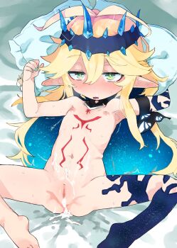 1girl aged_down antenna_hair barefoot blonde_hair blue_hair blush body_markings butterfly_wings censored chest_tattoo cleft_of_venus colored_inner_hair commission crown cum cum_in_pussy cum_on_body cum_on_stomach elf flat_chest green_eyes green_nails hair_between_eyes headpiece insect_wings karasuma234 loli long_hair lying multicolored_hair nail_polish navel nipples nose_blush nude on_back open_mouth original pillow pointy_ears pussy pussy_juice second-party_source solo spread_legs star_(symbol) star_print stomach_tattoo sweat tattoo two-tone_hair vivi_(ac8231) wings