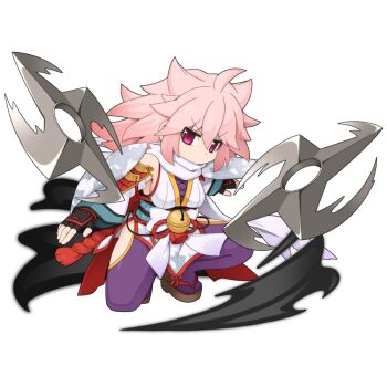 1girl bell black_gloves bow brown_sandals chibi chibi_only clothing_cutout detached_sleeves fingerless_gloves fishnet_top fishnets full_body gloves hip_vent jingle_bell long_hair obi official_art pantyhose pink_hair purple_eyes purple_pantyhose ragnarok_online sandals sash shiranui_(ragnarok_online) shuriken simple_background sleeveless_tunic solo squatting transparent_background tunic waist_bow weapon white_bow white_sleeves white_tunic yuichirou zouri