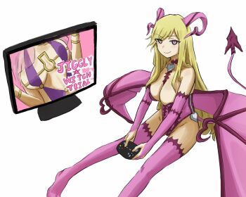 2girls aradia_(toaru) armlet bikini blue_eyes bologna_succubus_(toaru) bracelet breasts choker commentary_request controller demon_girl demon_horns demon_wings elbow_gloves english_text feet_out_of_frame gloves gold_bracelet hair_between_eyes hands_up heart heart-shaped_pupils heart_pendant highres holding holding_controller horns jewelry keyhole large_breasts long_hair looking_at_viewer multiple_girls pink_gloves pink_thighhighs purple_bikini purple_eyes revealing_clothes screen simple_background sitting smile solo star_(symbol) swimsuit symbol-shaped_pupils tatararashi television thighhighs toaru_majutsu_no_index toaru_majutsu_no_index:_genesis_testament very_long_hair white_background wings witch