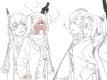 4girls blush commentary_request girls'_frontline gun hair_between_eyes hat kanako_(gentsuki) long_hair monochrome multiple_girls music necktie open_mouth profile singing sketch smile springfield_(girls'_frontline) sv-98_(girls'_frontline) svd_(girls'_frontline) wa2000_(girls'_frontline) weapon white_background yuri