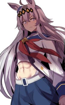 1girl abs absurdres ahoge animal_ears belt blue_eyes blue_sailor_collar blue_skirt breasts brooch closed_mouth ear_ornament grey_hair hair_between_eyes hair_ornament hairband highres hinghoi horse_ears horse_girl jacket jewelry long_hair long_sleeves midriff multicolored_hair navel neckerchief oguri_cap_(starlight_beat)_(umamusume) oguri_cap_(umamusume) panty_straps red_neckerchief sailor_collar shirt simple_background skirt solo star_brooch umamusume white_background white_belt white_jacket