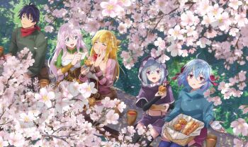Rule 34 | 1boy, 4girls, ahoge, anime coloring, belt, black hair, blonde hair, blue eyes, blue hair, blush, braid, breasts, cherry blossoms, cleavage, closed eyes, closed mouth, collarbone, corset, cowboy shot, earrings, eating, elf, falling petals, fingerless gloves, flower, food, gloves, hair between eyes, hanami, hand on own face, holding, holding food, jewelry, large breasts, long hair, long sleeves, medium hair, multiple girls, open mouth, outdoors, petals, pink flower, pink hair, pink petals, pointy ears, purple eyes, red (shin no nakama), red corset, red scarf, rit (shin no nakama), ruti ragnason, scarf, shin no nakama janai to yuusha no party wo oidasareta no de henkyou de slow life suru koto ni shimashita, short hair, sitting, sleeves rolled up, smile, spring (season), thighhighs, thighs, tisse garland, tree, watanabe ruriko, white gloves, yarandrala