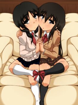 2girls amakusa_shino black_eyes black_hair black_socks blazer bow bowtie braid brown_hair cardigan feet full_body hair_between_eyes hand_on_another&#039;s_shoulder holding_hands interlocked_fingers jacket kakoogan kneehighs long_hair long_sleeves looking_at_viewer medium_hair multiple_girls open_mouth plaid_clothes plaid_skirt pleated_skirt red_bow red_bowtie red_tie school_uniform seitokai_yakuindomo sidelocks sitting skirt socks twin_braids uomi white_socks