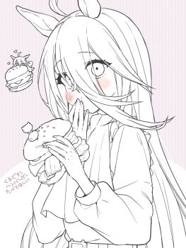 1girl :t ahoge animal_ears blush burger chibi closed_mouth commentary_request eating fingernails food hair_between_eyes hand_to_own_mouth hand_up heart highres holding holding_food horse_ears long_hair long_sleeves manhattan_cafe_(umamusume) multiple_views nochatea puffy_long_sleeves puffy_sleeves shirt translation_request umamusume very_long_hair