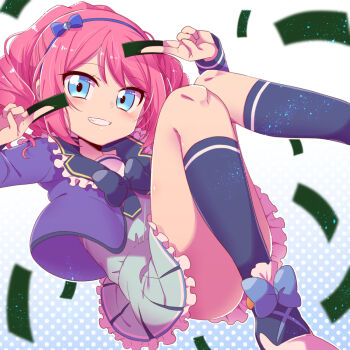 1girl aikatsu!_(series) aikatsu_on_parade! between_fingers blue_eyes blue_ribbon blue_socks blush chida_daisuke commentary_request convenient_leg eyelashes floating grin holding kneehighs long_hair looking_at_viewer pink_hair ribbon sakuraba_rola smile socks solo thighs white_background