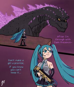 1girl aqua_eyes aqua_hair aqua_necktie bare_shoulders black_arm_warmers black_scales black_skirt black_thighhighs bullpup collared_shirt commentary crossover english_commentary english_text fortnite glowing_spines godzilla godzilla_(series) godzilla_x_kong:_the_new_empire grey_shirt gun hair_between_eyes hatsune_miku headpiece highres holding holding_gun holding_weapon kaiju king_kong_(series) legendary_pictures lizard long_hair mjc_09 monsterverse necktie pleated_skirt rifle scene_reference shirt skirt sleeveless sleeveless_shirt smile thighhighs toho twintails very_long_hair vocaloid weapon yellow_eyes