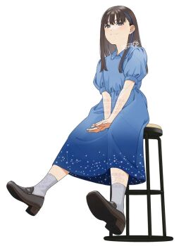 Rule 34 | 1girl, between legs, blue dress, brown hair, brown shoes, closed mouth, collared dress, commentary request, constellation print, dress, full body, grey socks, hand between legs, long hair, looking at viewer, mattaku mousuke, multicolored hair, on stool, original, print dress, puffy short sleeves, puffy sleeves, shoe soles, shoes, short sleeves, signature, sitting, smile, socks, solo, streaked hair, white background