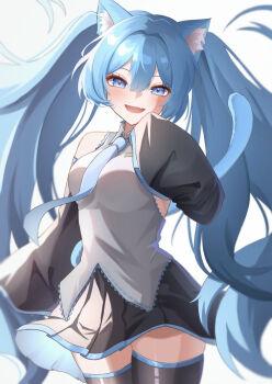 1girl animal_ear_fluff animal_ears aqua_eyes aqua_hair aqua_necktie aqua_trim black_skirt blush breasts cat_ears cat_girl cat_tail commentary_request detached_sleeves grey_shirt hair_between_eyes hair_ornament hatsune_miku long_hair long_sleeves looking_at_viewer mako_(cvyt5325) miniskirt necktie open_mouth pleated_skirt shirt simple_background skirt sleeves_past_fingers sleeves_past_wrists smile solo tail thick_thighs thighhighs thighs twintails very_long_hair vocaloid white_background wide_sleeves zettai_ryouiki