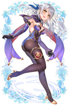 1girl :d absurdres alternate_costume ass black_gloves black_pantyhose blue_leotard blue_ribbon breasts commentary_request commission cosplay detached_sleeves earrings elbow_gloves fire_emblem fire_emblem:_radiant_dawn full_body genshin_impact gloves hair_ribbon high_heels highres jewelry knees_together_feet_apart leotard long_hair long_sleeves looking_at_viewer medium_breasts micaiah_(fire_emblem) mona_(genshin_impact) mona_(genshin_impact)_(cosplay) nintendo open_mouth pantyhose ribbon skeb_commission smile solo star_(symbol) star_earrings strapless strapless_leotard thighlet thighs white_background white_hair yam_(yamap_mako) yellow_eyes