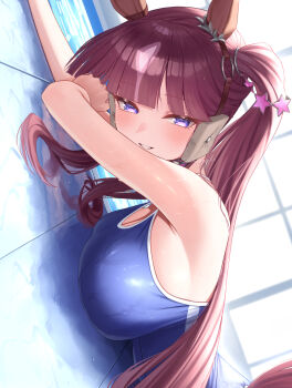 1girl animal_ears blue_one-piece_swimsuit blunt_bangs blush breasts earmuffs highres horse_ears horse_girl horse_tail large_breasts long_hair looking_at_viewer lucky_lilac_(umamusume) menchi_rishio one-piece_swimsuit parted_lips purple_eyes red_hair smile solo swimsuit tail twintails umamusume