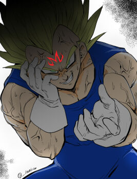 1boy blonde_hair blue_unitard commentary_request dragon_ball dragonball_z evil_grin evil_smile facial_mark forehead_mark gloves green_eyes grin majin_vegeta male_focus muscular muscular_male senka-san shaded_face smile solo super_saiyan twitter_username vegeta veins veiny_arms white_gloves