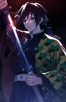 1boy absurdres belt black_hair black_jacket black_pants blue_eyes buttons chokutou closed_mouth commentary_request cowboy_shot demon_slayer_uniform empty_eyes gold_buttons haori high_collar highres holding holding_sword holding_weapon jacket japanese_clothes katana kikkoumon kimetsu_no_yaiba long_hair looking_at_viewer low_ponytail male_focus nemu_ringo pants ponytail print_haori red_haori sheath solo spiked_hair sword tomioka_giyuu twitter_username unsheathing weapon white_belt