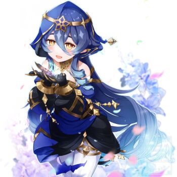 1girl bare_shoulders blue_flower blue_hair blue_hood blush claw_ring commentary_request detached_sleeves drill_hair flower genshin_impact gloves hair_between_eyes hands_up highres hood hood_up layla_(genshin_impact) long_hair long_sleeves looking_at_viewer namae_hamada open_mouth pantyhose pointy_ears purple_flower simple_background solo very_long_hair white_background white_pantyhose yellow_eyes