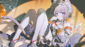 1girl absurdres animal_ears bare_shoulders black_dress black_shoes brown_hair cat_ears cat_girl cat_tail coria detached_sleeves dress genshin_impact gloves highres kemonomimi_mode long_hair long_sleeves looking_at_viewer pantyhose paw_pose sandrone_(genshin_impact) shoes solo tail white_gloves white_pantyhose