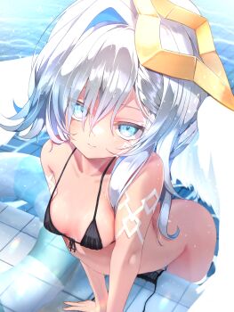 1girl alternate_costume amane_kanata anita_pastorale bare_shoulders bikini black_bikini blue_eyes breasts hair_bun halo highres hololive innertube long_hair looking_at_viewer navel open_clothes pool single_hair_bun small_breasts smile solo star_halo swim_ring swimsuit untied_bikini virtual_youtuber wet white_hair wings