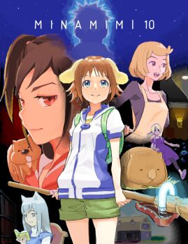 1boy 5girls :d animal animal_ears animal_on_shoulder apron backpack bad_drawr_id bad_id bag blonde_hair blue_eyes book broom brown_eyes brown_hair cojibou dog_ears dog_girl green_shorts grey_hair hair_ornament holding hood house jacket long_hair minamimi-san multiple_girls night oekaki open_mouth original pantyhose ponytail red_eyes short_hair short_sleeves shorts side_ponytail smile squirrel teeth upper_teeth_only wombat