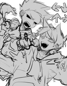 Rule 34 | 2boys, animification, arrow (symbol), bad id, bad twitter id, cigar, eddsworld, eye contact, friday night funkin', greyscale, hair ears, holding, holding cigar, holding microphone, hollow eyes, hood, hood down, inactive account, long sleeves, looking at another, male focus, microphone, monochrome, multiple boys, nana (ebitokanimiso), open mouth, painttool sai (medium), parody, rapping, short hair, simple background, sketch, tom (eddsworld), tord (eddsworld), upper body, white background