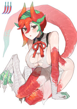 1girl absurdres animal_feet animal_hands breasts chili_pepper claws covered_erect_nipples digitigrade dragon_girl dragon_horns dragon_tail full_body green_hair hair_between_eyes highres horns large_breasts looking_at_viewer monster_girl open_mouth original pelvic_curtain red_hair red_horns red_scales sakoku_(oyatsu3ji_) scales shin_(sakoku_(oyatsu3ji_)) simple_background sitting solo sweat tail torn_clothes white_background