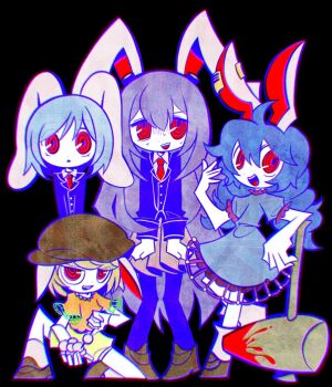 Rule 34 | 4girls, animal ears, blonde hair, blue dress, blue hair, blue jacket, blue pantyhose, brown hat, brown shoes, brown skirt, buttons, collared shirt, colored lineart, colored skin, dango, dmebgsa3, dress, eyes visible through hair, food, grey shirt, hair between eyes, hand up, hat, highres, jacket, lapels, long hair, long sleeves, lop rabbit ears, mallet, medium hair, multiple girls, notched lapels, open mouth, orange shirt, pantyhose, pleated skirt, rabbit ears, red eyes, reisen (touhou bougetsushou), reisen udongein inaba, ringed eyes, ringo (touhou), seiran (touhou), shirt, shoes, short sleeves, shorts, skirt, smile, socks, standing, sweat, tareme, teeth, touhou, triangle mouth, tsurime, upper teeth only, very long hair, wagashi, white skin, white socks, yellow shorts