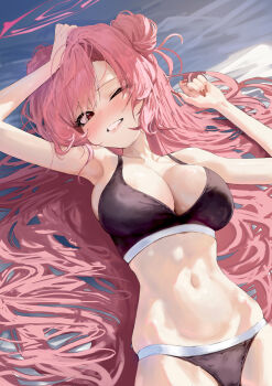 1girl absurdres black_bra black_panties blue_archive blush bra breasts cleavage commentary double_bun fingernails gisi_(gicgic_draw) hair_bun halo hand_on_own_head highres hip_bones kirara_(blue_archive) large_breasts long_hair lying nail_polish navel on_back one_eye_closed panties pink_eyes pink_hair pink_halo pink_nails solo stomach underwear