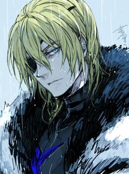 1boy armor black_fur blonde_hair breastplate closed_mouth dimitri_alexandre_blaiddyd dimitri_alexandre_blaiddyd_(timeskip) eyepatch fire_emblem fire_emblem:_three_houses frown fur_trim hagiya_kaoru hair_behind_ear hair_between_eyes hashtag-only_commentary looking_to_the_side male_focus medium_hair nintendo one_eye_covered rain sideways_glance signature solo upper_body wet white_fur