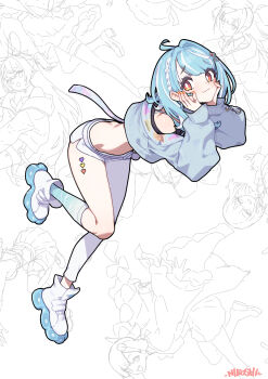 Rule 34 | 1girl, absurdres, ahoge, artist name, asymmetrical clothes, blue hair, blue jacket, blue socks, blush, boots, braid, closed mouth, commentary request, cropped jacket, full body, hair ornament, highres, jacket, long sleeves, looking at viewer, multicolored hair, niboshidrip, orange eyes, pants, shiranami ramune, shiranami ramune (1st costume), single pantsleg, socks, solo, two-tone hair, virtual youtuber, vspo!, white background, white boots, white hair, white pants