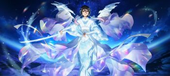 1girl animal_ears black_hair bleach bleach:_brave_souls bow ear_ornament ear_ribbon ethereal female_focus hair_between_eyes hair_ornament highres holding holding_sword holding_weapon ice ice_wings japanese_clothes kimono kuchiki_rukia looking_at_viewer night official_alternate_costume official_art ribbon short_hair sky solo solo_focus source_request space standing star_(sky) starry_sky sword weapon wide_sleeves wings zanpakutou