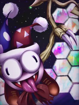bow bowtie claws commentary_request crazy_eyes crazy_smile fangs hat hexagon jester_cap kirby_(series) kirby_super_star marx_(kirby) marx_(true_form)_(kirby) nintendo no_humans open_mouth red_bow red_bowtie smile solo space star_(sky) tongue tongue_out torn_bowtie toya_1018 wings