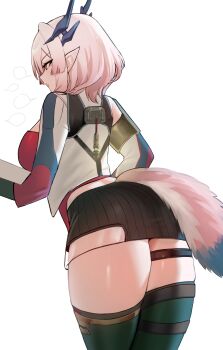 1girl absurdres arknights arknights:_endfield belt black_skirt blue_horns breasts commentary_request cowboy_shot from_behind green_thighhighs highres horns jacket large_breasts medium_hair mi_fu_(arknights) miniskirt mole mole_under_eye multicolored_jacket open_mouth pink_hair pointy_ears red_eyes red_shirt sanzuitaroh shirt simple_background skirt solo speech_bubble standing tail thick_thighs thigh_belt thigh_strap thighhighs thighs white_background