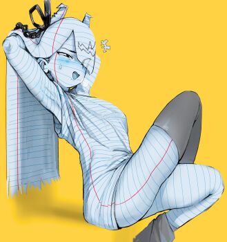 +++ 1girl armpits arms_behind_back atlas_anarchy blush breasts commentary commission crossed_legs english_commentary furrowed_brow grey_socks hair_lift hair_over_one_eye hair_ribbon half-closed_eyes hands_in_own_hair highres horns indie_virtual_youtuber invisible_chair lined_paper long_hair mole mole_under_eye no_pants open_mouth ribbon shirt single_sock single_thighhigh sitting small_breasts socks solo sweatdrop thighhighs viri_morelia_(artist) virtual_youtuber yellow_background