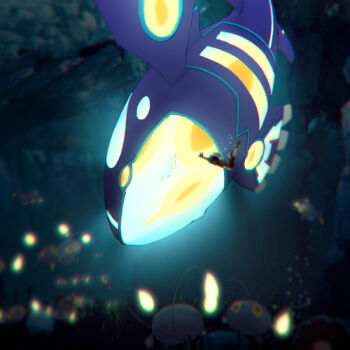 1boy air_bubble bioluminescence brendan_(pokemon) bubble chinchou clamperl colored_sclera commentary_request diving gen_2_pokemon gen_3_pokemon glowing kyogre l_aciel lanturn legendary_pokemon lowres nintendo orange_eyes pokemon pokemon_(creature) pokemon_focus pokemon_oras primal_kyogre seaweed underwater yellow_sclera